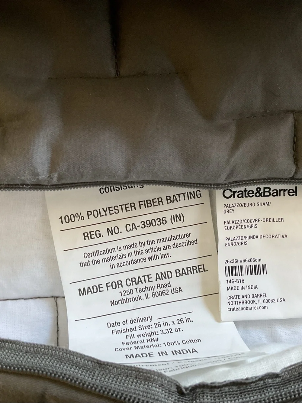 Crate & Barrel Palazzo Grey Quilted Set Of 3 Euro Shams 26x26”